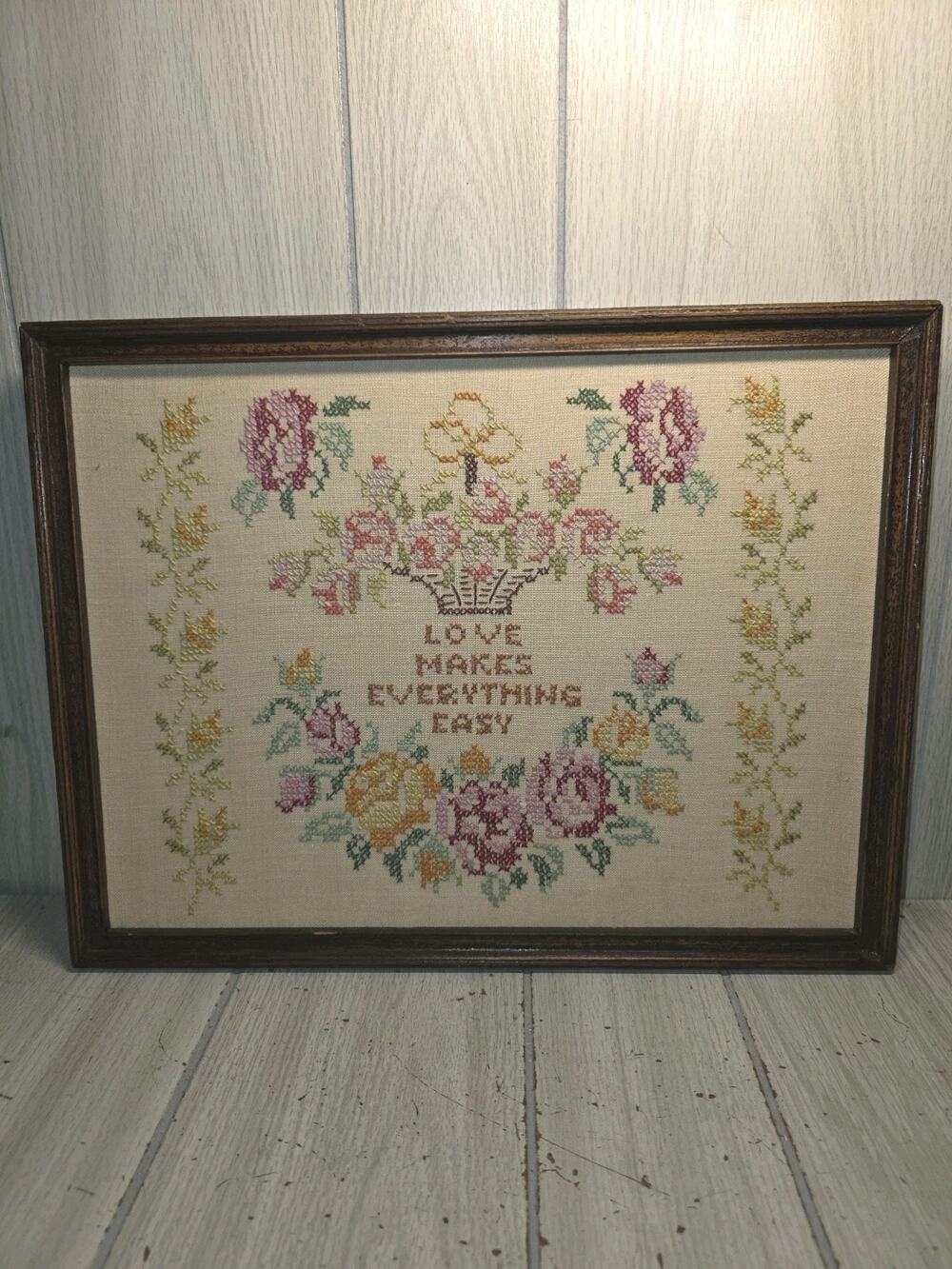 Vtg 1970s Finished Framed Needlepoint LOVE Makes Everything Easy Floral Cottage